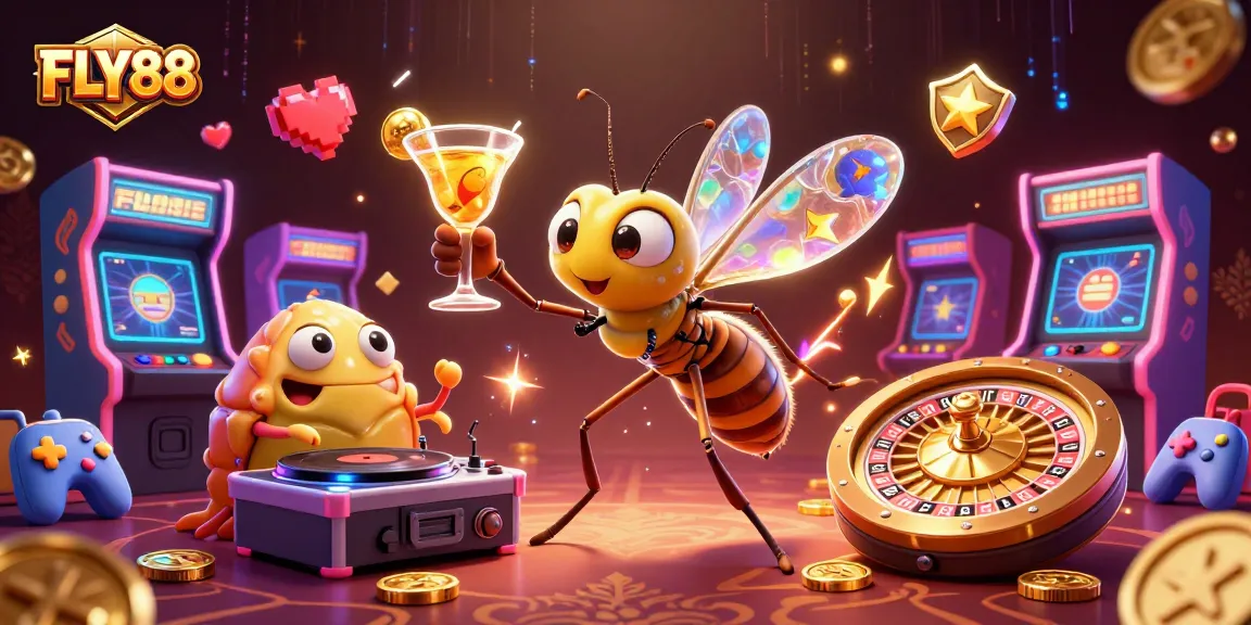 FLY88 casino-themed artwork featuring unique gaming characters in vibrant 3D style.