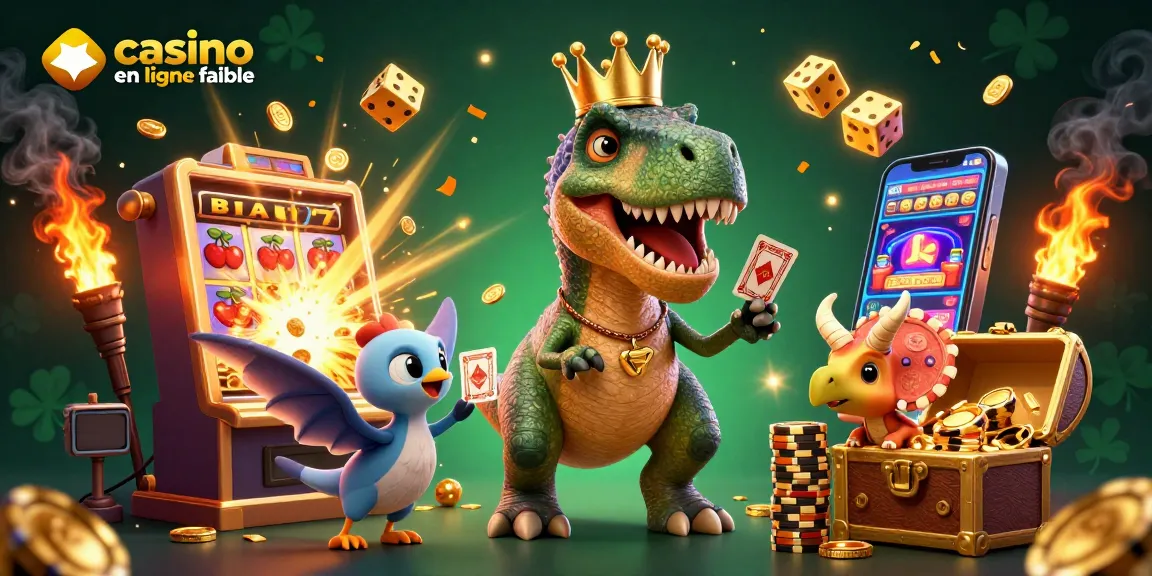 Jouez au casino en ligne fiable avec cette illustration d'un T-Rex et ses amis amusants.