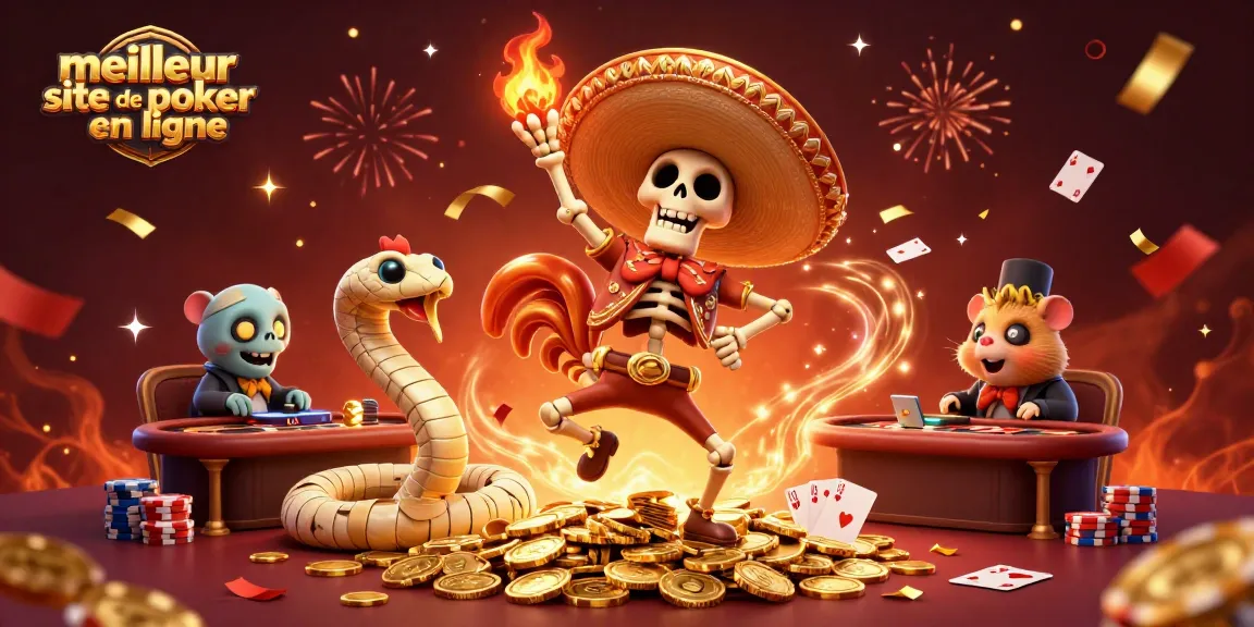 Jouez au meilleur site de poker en ligne avec des personnages festifs sur un fond vibrant.