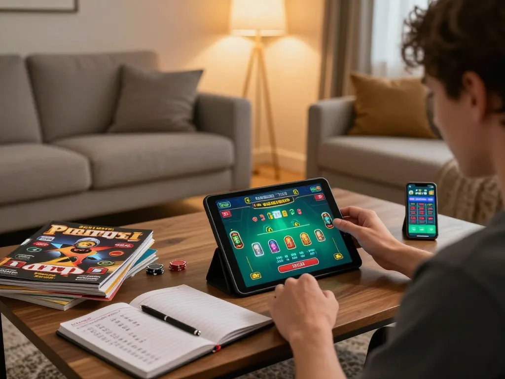 Engaging fc88 online gaming setup with live blackjack on tablet and betting notes.