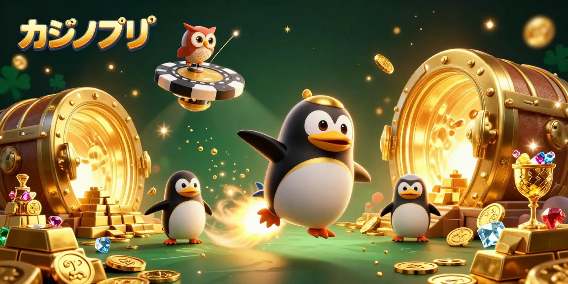 カジノアプリで宇宙を突き進む黄金のペンギンのイラスト