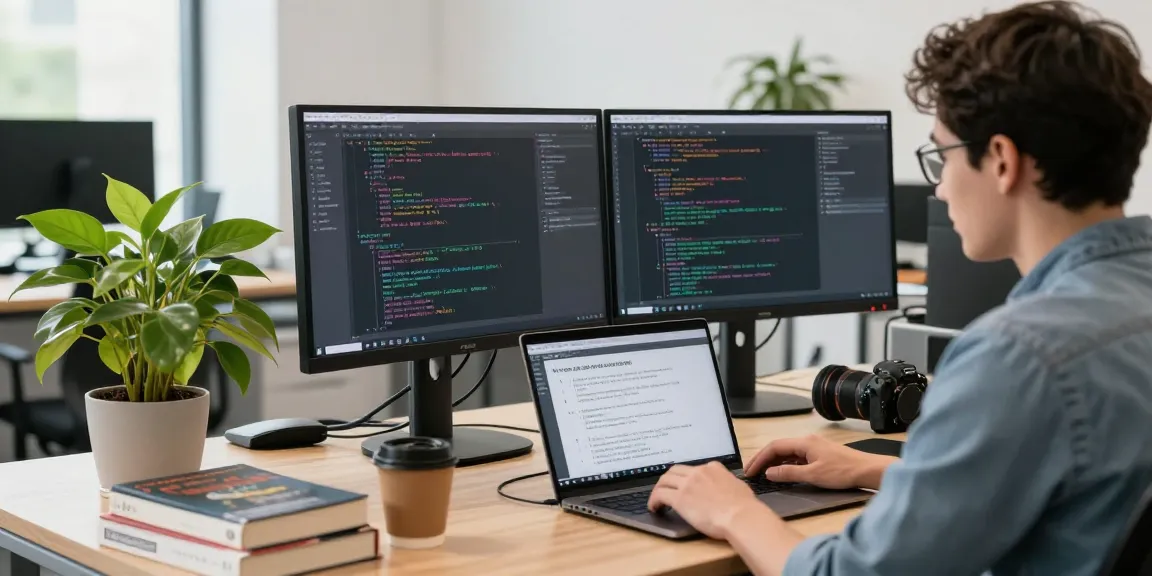 Developer menggunakan software untuk memprediksi permainan di ruang kantor modern.