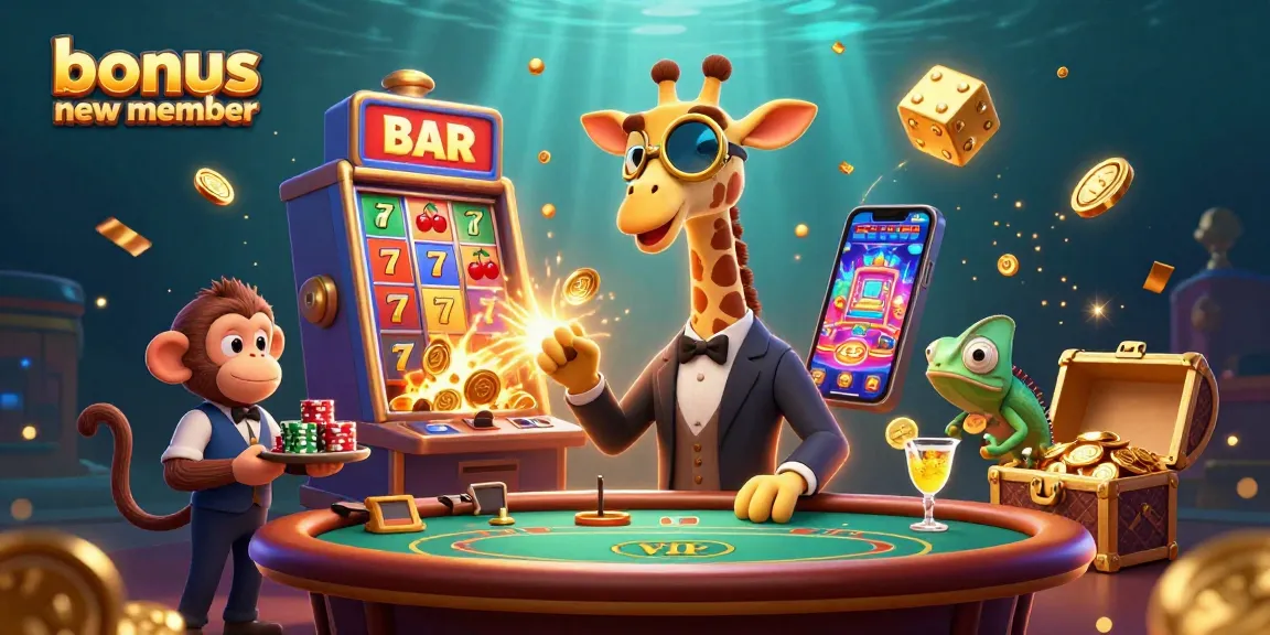 Experience excitement as a bonus new member at the casino with a lively giraffe, monkey, and chameleon characters.