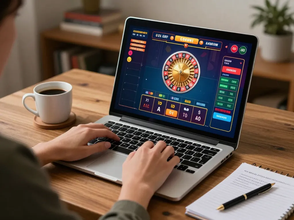 ku88 player engaging in responsible online casino gaming with laptop and notes