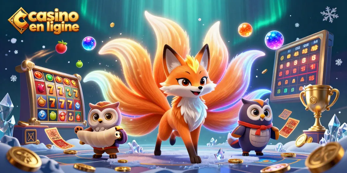 Jouer à l'univers magique des jeux de casino en ligne illustré par un renard à neuf queues et un hibou sage.