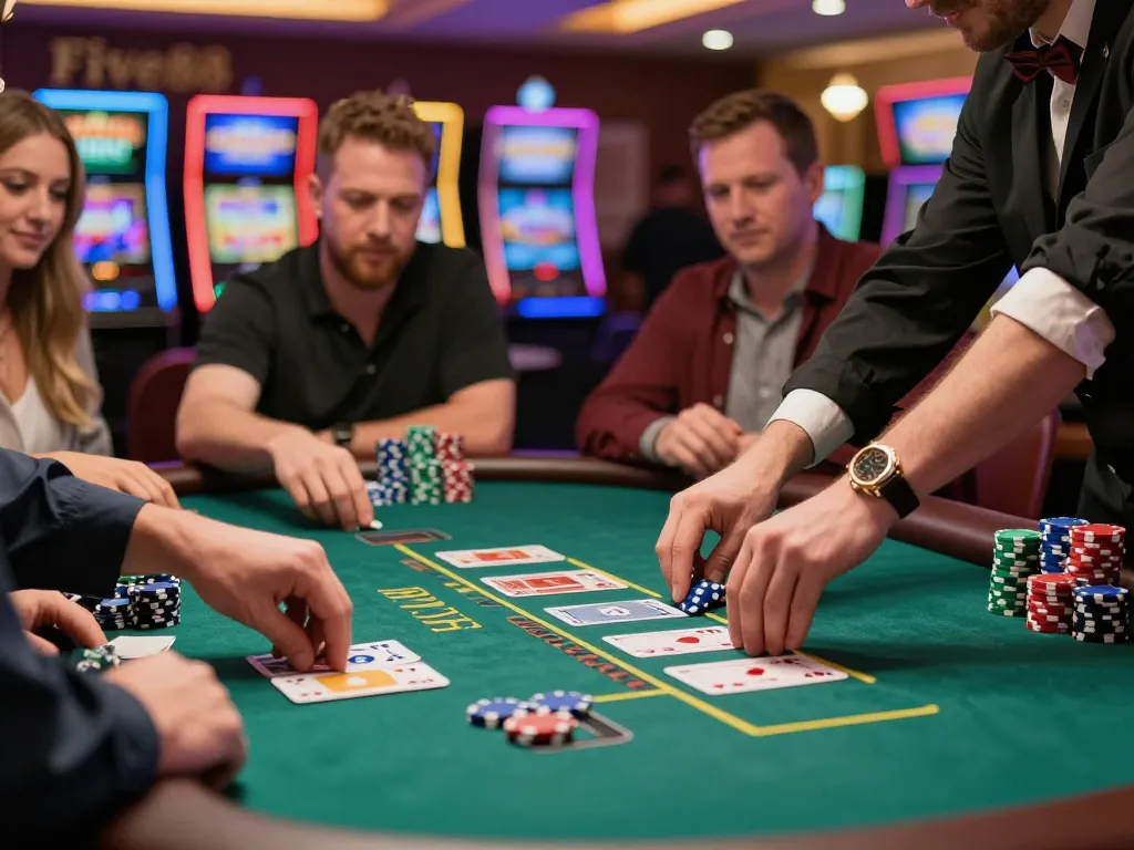 five88 casino blackjack game featuring players engaged with dealer and chips.