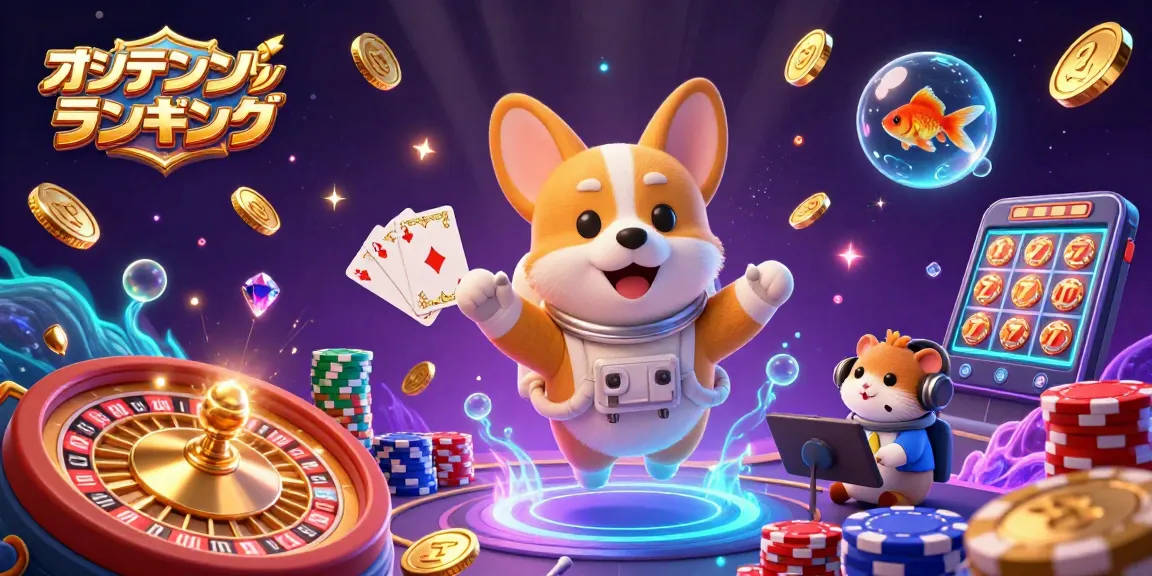 オンラインカジノ ランキングをテーマに、宇宙のカジノで浮遊するコーギー犬のイラスト。