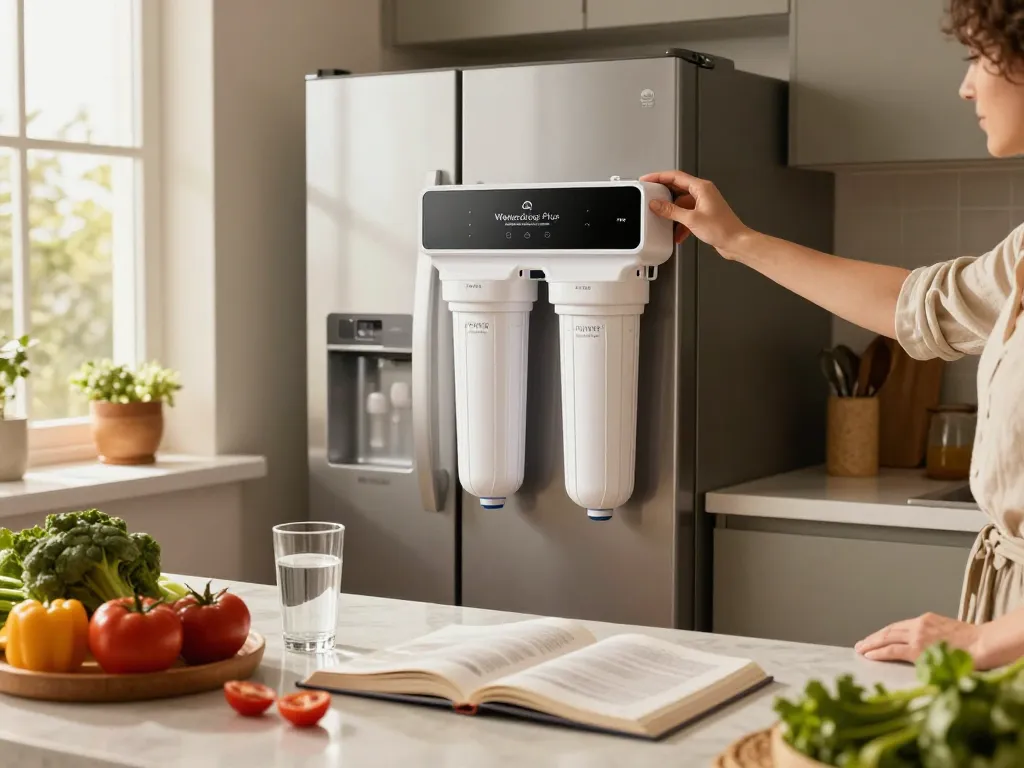 Person installing the Waterdrop Plus WDP-F19C Replacement for GE® RPWFE® filter in a modern kitchen, emphasizing healthy drinking water.