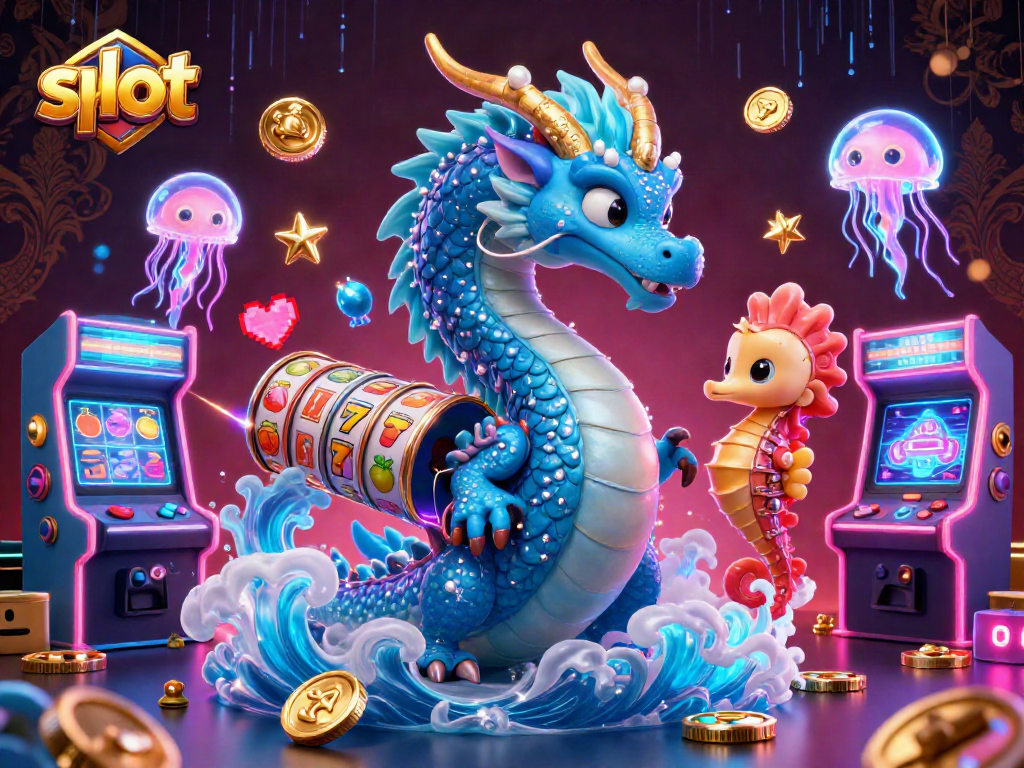 Spin slot reels with a cartoon dragon and knight amidst colorful arcade gaming elements.