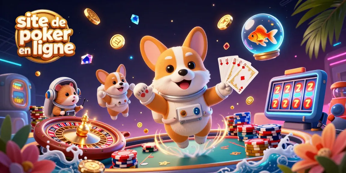 Jouer sur un site de poker en ligne avec une ambiance dynamique et colorée, poker et jetons en action.