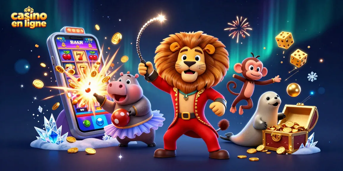 Jouer à casino en ligne avec un lion chef d'orchestre et un hippopotame dans une scène dynamique remplie de machines à sous et de pièces d'or