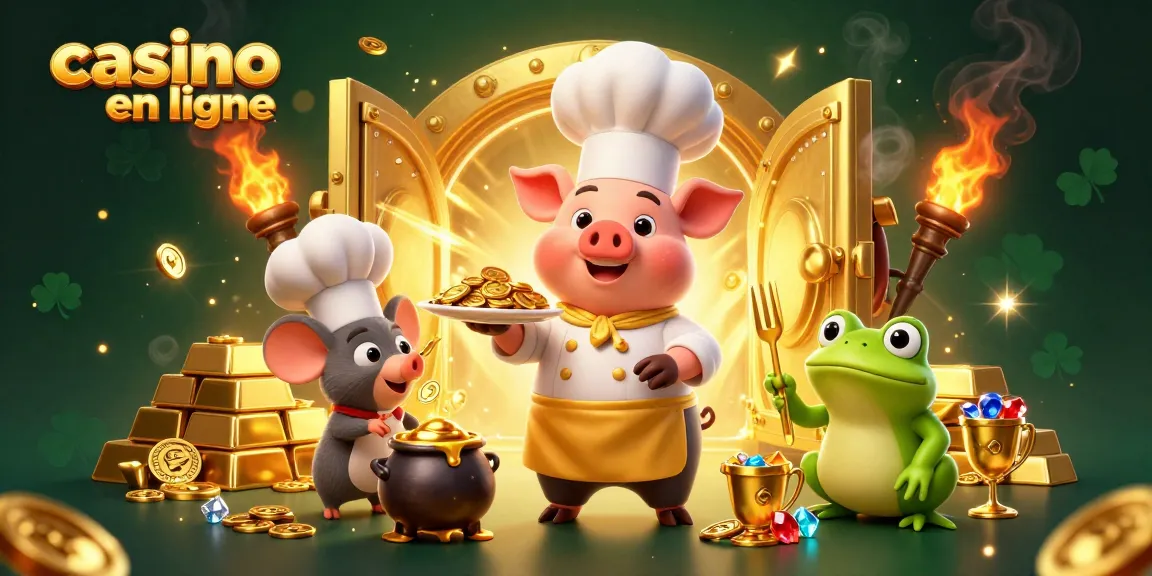Un casino en ligne dynamique où un chef cochon sert des pièces d'or, entouré de trésors scintillants.