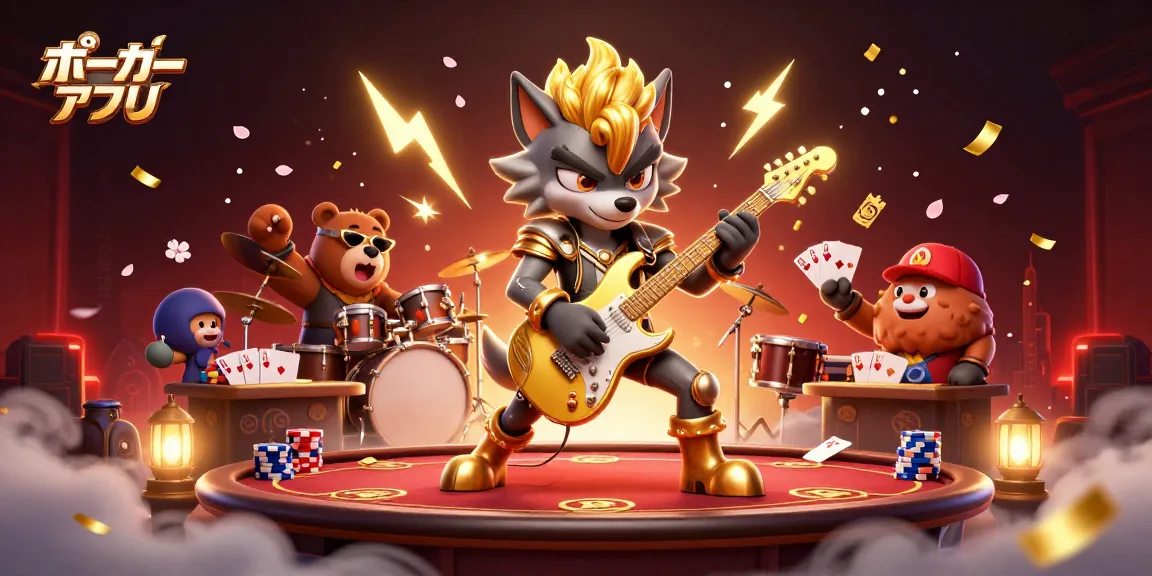 ポーカーアプリで興奮するワイルドなキャラクターたちがジャズ演奏し、華やかなカジノの雰囲気を描写しています。