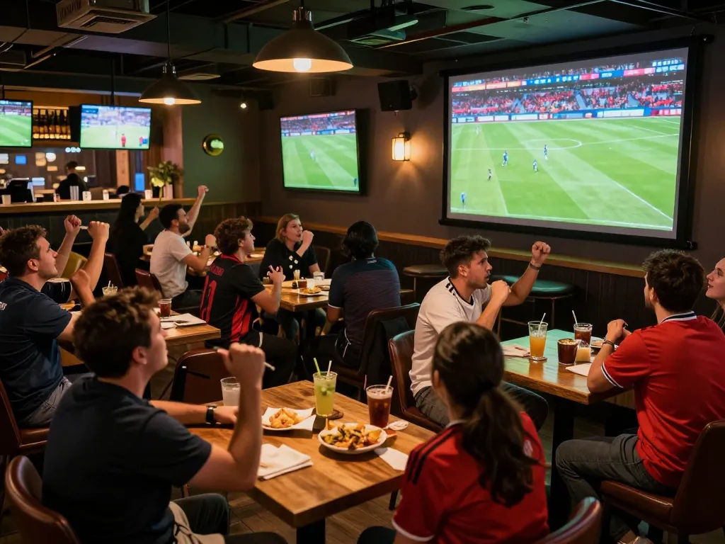 Socolive fans cheering during a live soccer match at a sports bar, showcasing excitement and community.