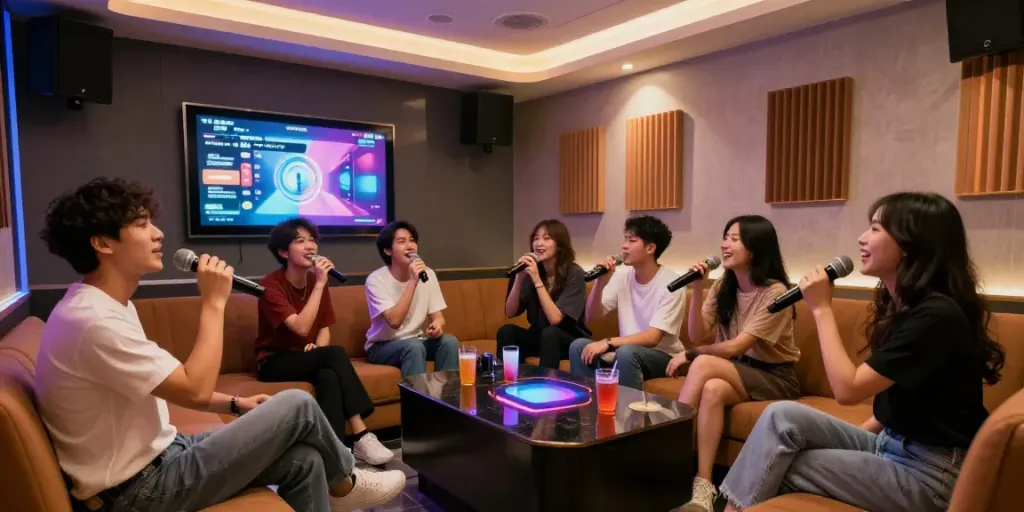 강남도파민에서 친구들과 즐거운 시간을 보내는 모습, 현대적인 카라오케 룸의 세련된 인테리어와 편안한 조명