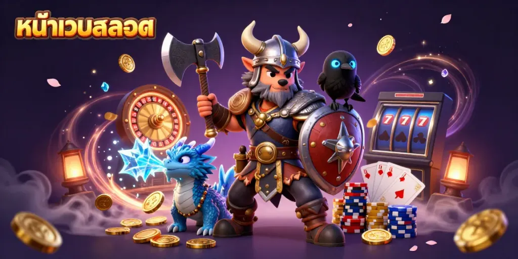 Engage with the thrilling world of หน้าเว็บสล็อต through a vibrant, action-packed scene showcasing a Viking wolf warrior, dragon, and shining casino elements.