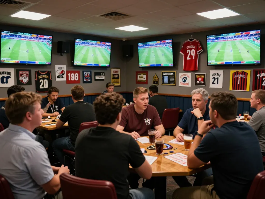 Engaged bettors at a sports bar strategically analyzing odds with nhandinhkeonhacai during a live match.