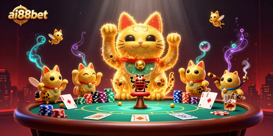Experience the magic of ai88bet with a vibrant scene featuring a lucky cat and casino elements.