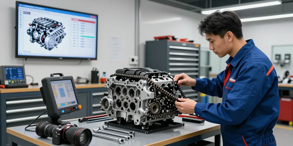 Professioneller Mechaniker in der Werkstatt beim Wechseln der Steuerkette eines BMW, umgeben von Werkzeugen und Diagnosegeräten.