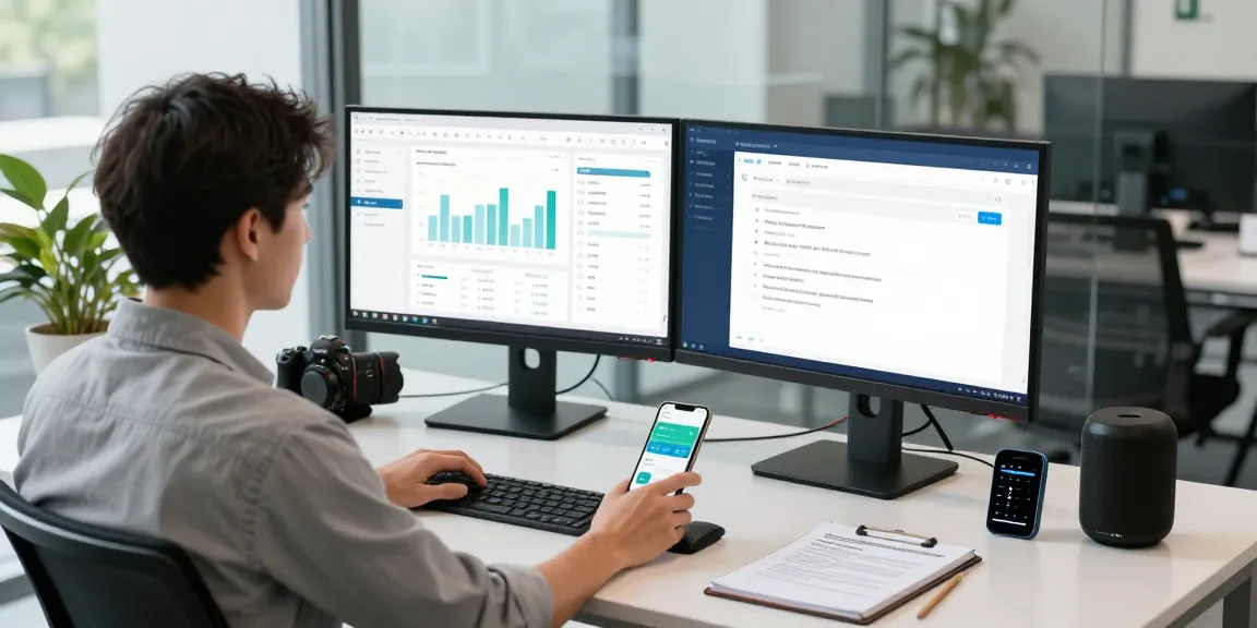Data analyst reviewing an age verification system in a modern workspace with dual monitors and tech gadgets.