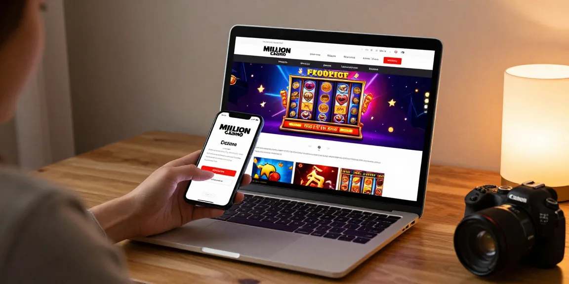 Engaging scene of Million Casino login on laptop with user-friendly interface and smartphone, showcasing online gaming.