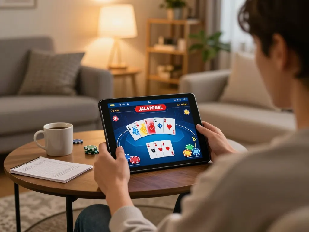 Orang menggunakan aplikasi JALATOGEL untuk poker online di ruang tamu yang nyaman.