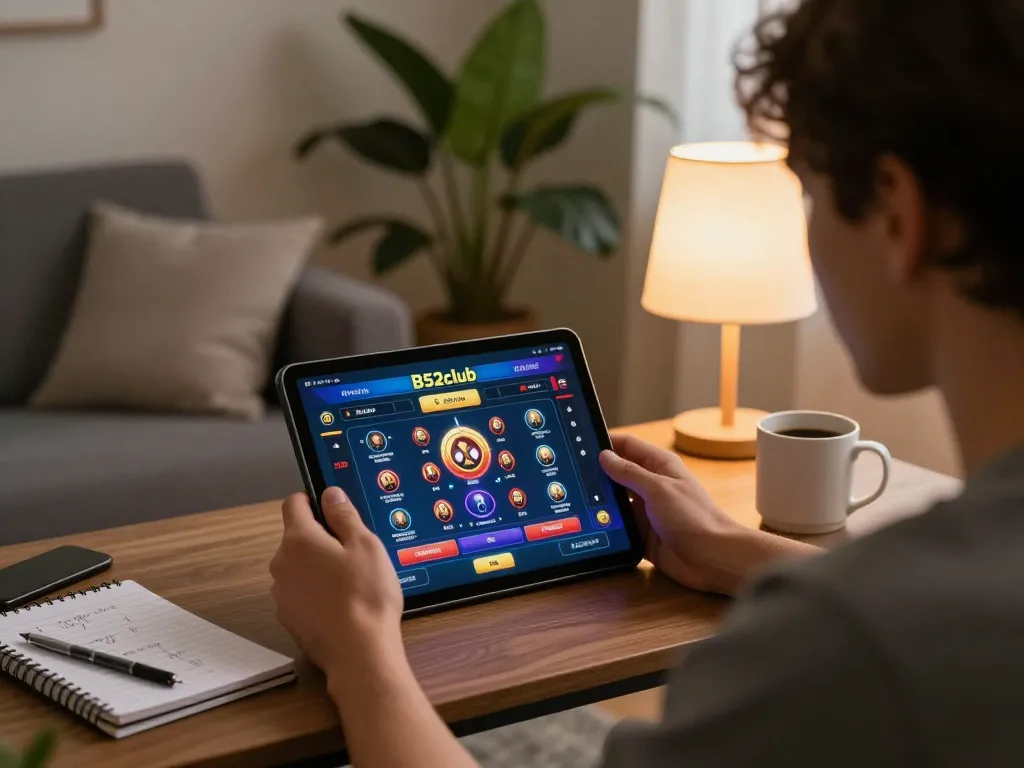 B52club user engaged in online gaming with tablet displaying casino game and strategic notes.