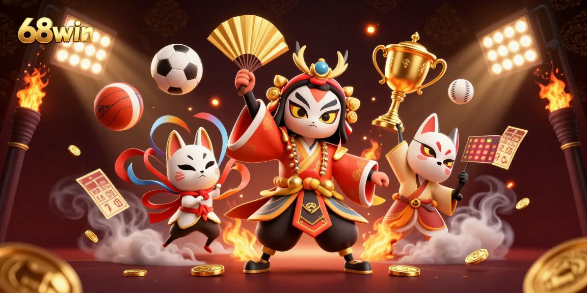 Engage in thrilling action at 68win with dynamic sports elements in an immersive 3D casino illustration.