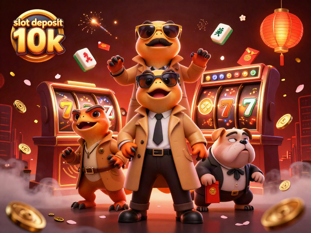 Spin to win with slot deposit 10k: a humorous raptor trio entering a VIP casino.