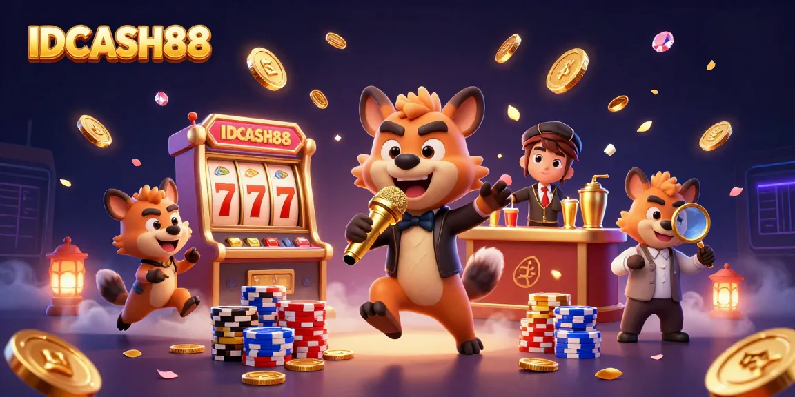 Engage with IDCASH88's vibrant casino scene featuring hyena characters and lively slot elements.
