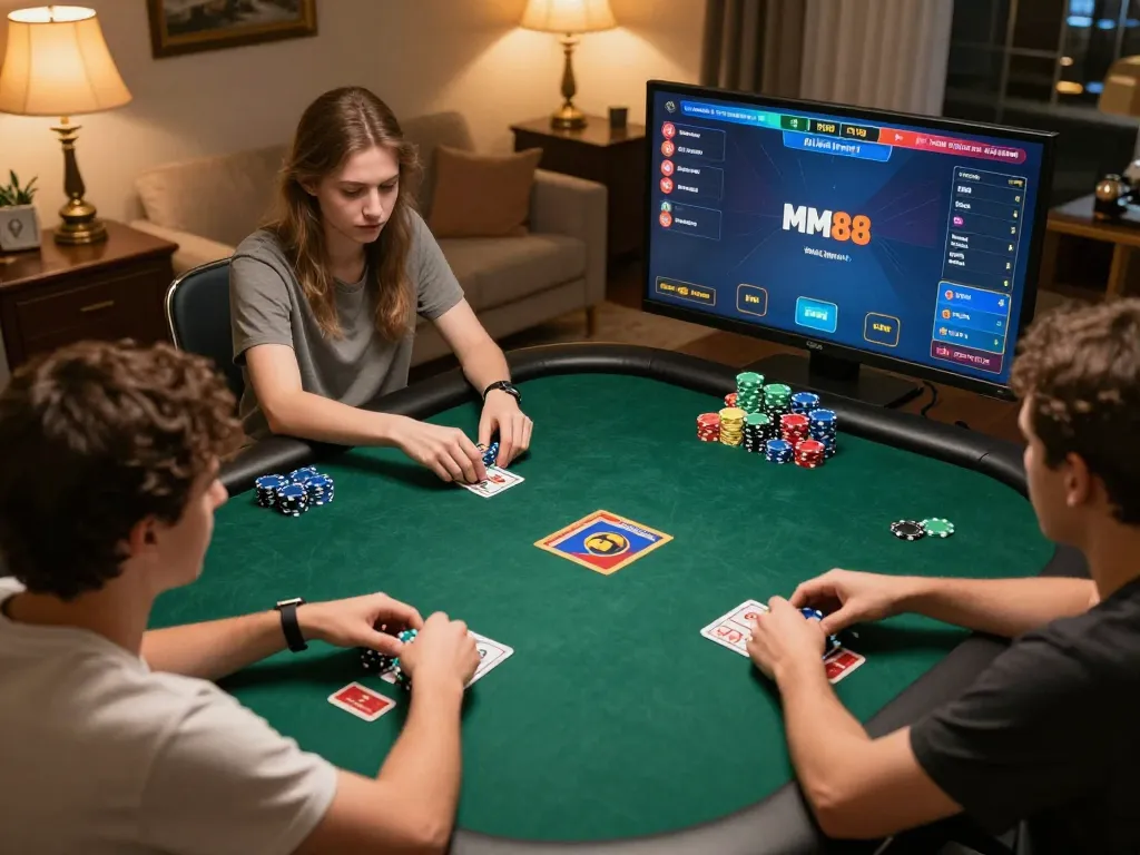 Players engaged in an intense game on MM88, showcasing strategic poker moves and vibrant betting visuals.