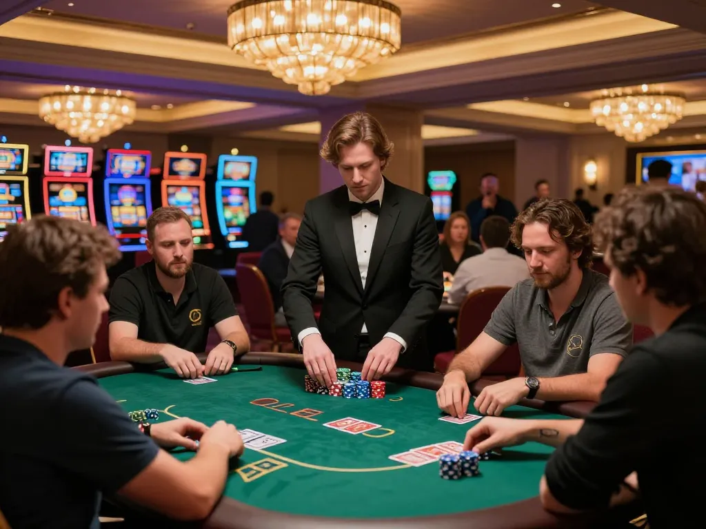 vin88 players placing bets at an upscale casino poker table with professional dealers engaging the crowd