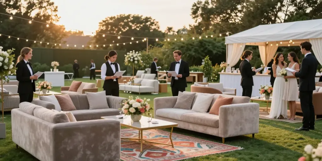 Event furniture rental setup for an elegant outdoor wedding, showcasing a stylish lounge area with plush sofas and floral decor.