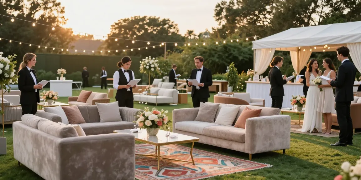 Event furniture rental setup for an elegant outdoor wedding, showcasing a stylish lounge area with plush sofas and floral decor.