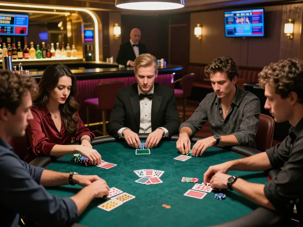 Group of friends enjoying a competitive game of IDN poker in an upscale casino lounge, highlighting excitement and camaraderie.