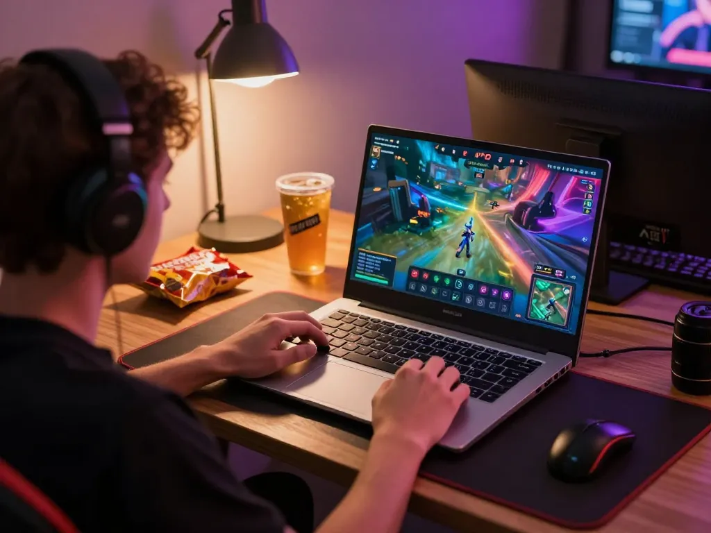KPK100 user engaged in dynamic online gaming session on a laptop, showcasing competitive gameplay.