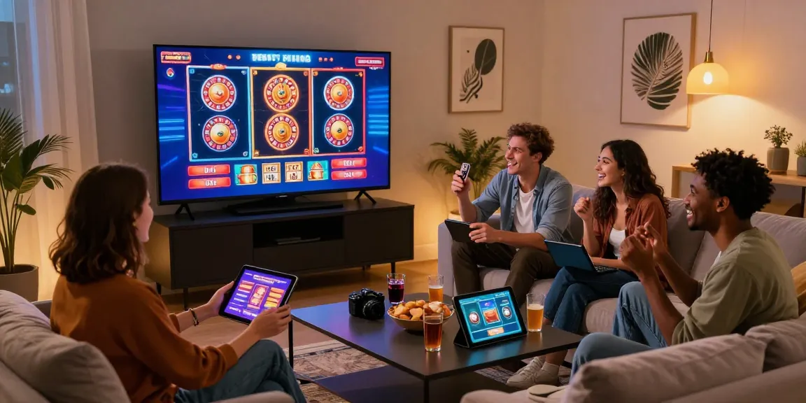 Des amis profitant d'une expérience de jeu dans un nouveau casino en ligne dans un salon confortable avec des visuels vibrants à l'écran.