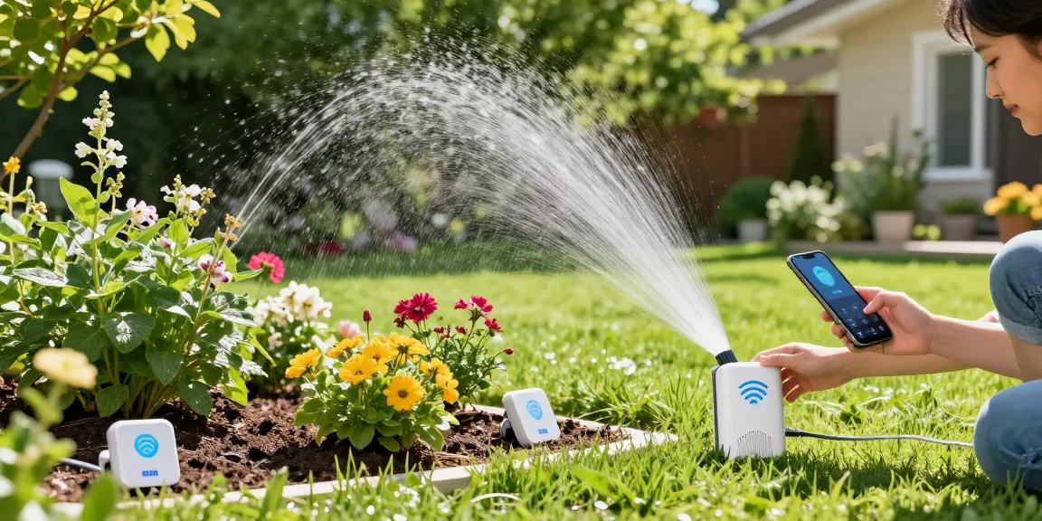 Homeowner using wifi sprinkler controller in a lush garden environment.