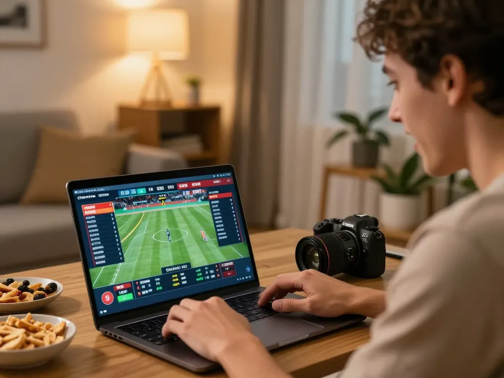 Person engaged in online sports betting with 8xx platform, displaying live odds on laptop screen