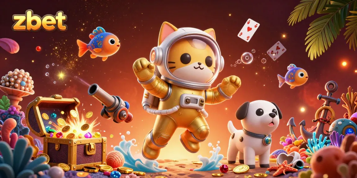 Engage in dynamic zbet action with a golden astronaut cat surrounded by treasure, underwater gems, and floating cards.