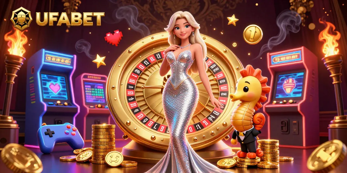 Experience the excitement of UFABET with a stunning casino scene featuring a glamorous woman, roulette wheel, and vibrant gaming elements.