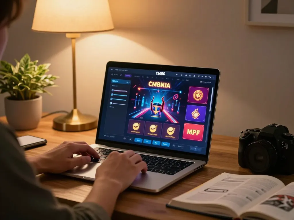 Engaging player using CM88 ninja online platform for casino games in a cozy home environment.