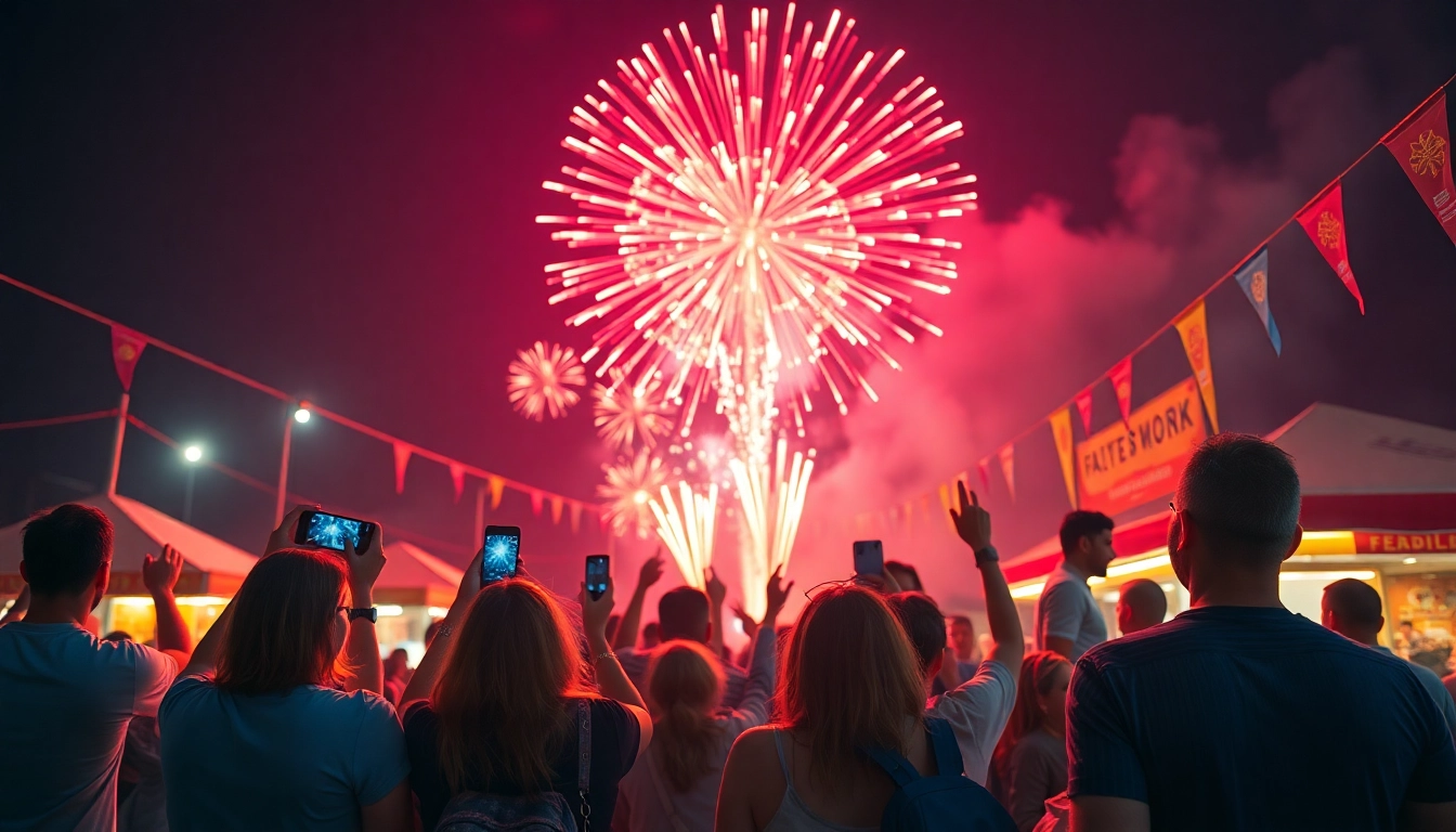 People enjoying a spectacular fireworks display, celebrating with fireworks for sale lighting up the sky.