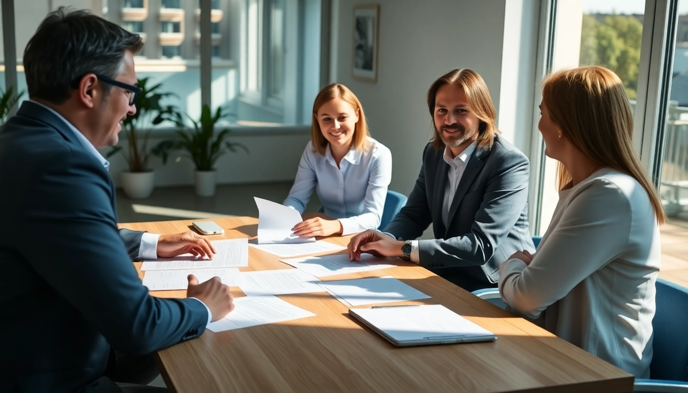 Clients discussing important Wills in a bright office, showcasing attentive consultation.