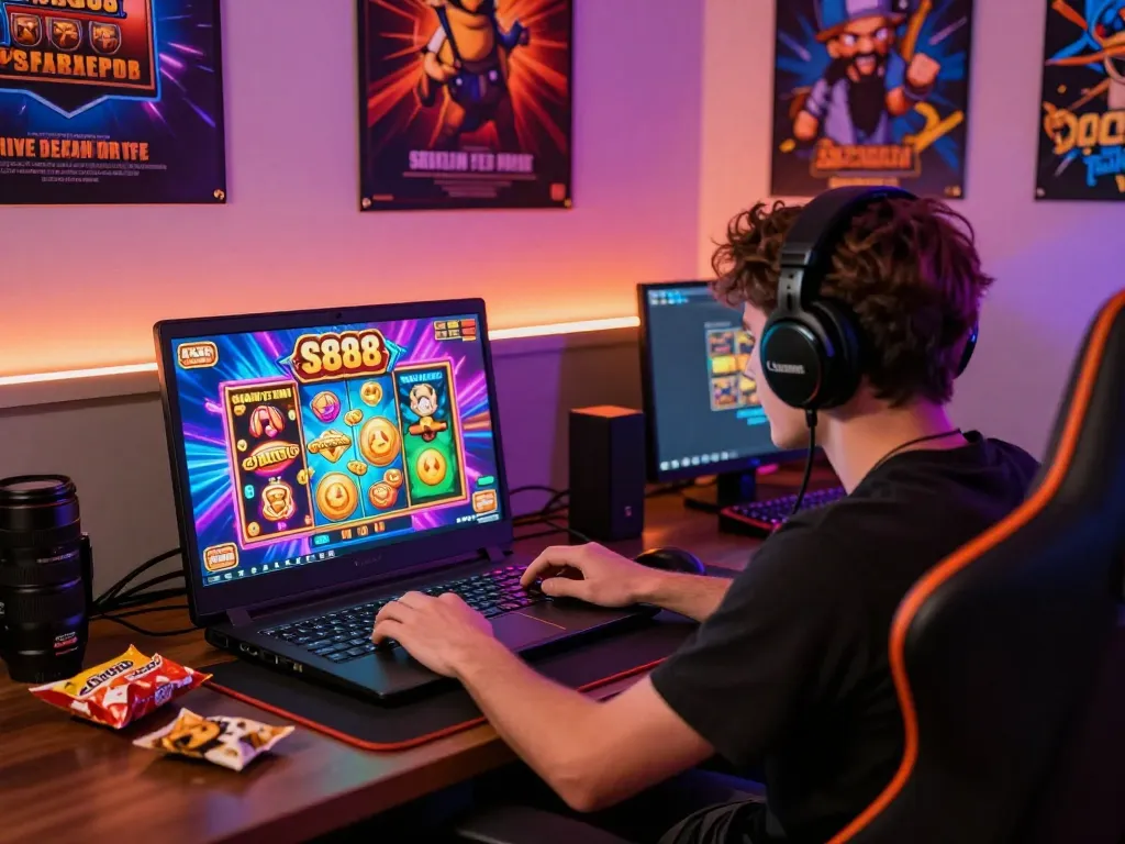 Player enjoying an exciting slot88 gaming experience at home with vibrant visuals and cozy atmosphere.