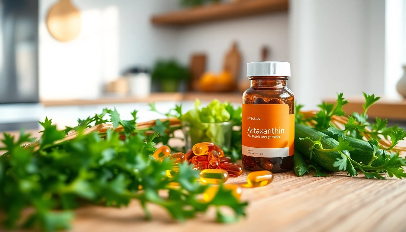 Showcasing astaxanthin dosage capsules with vibrant seaweed and cucumbers for health benefits.