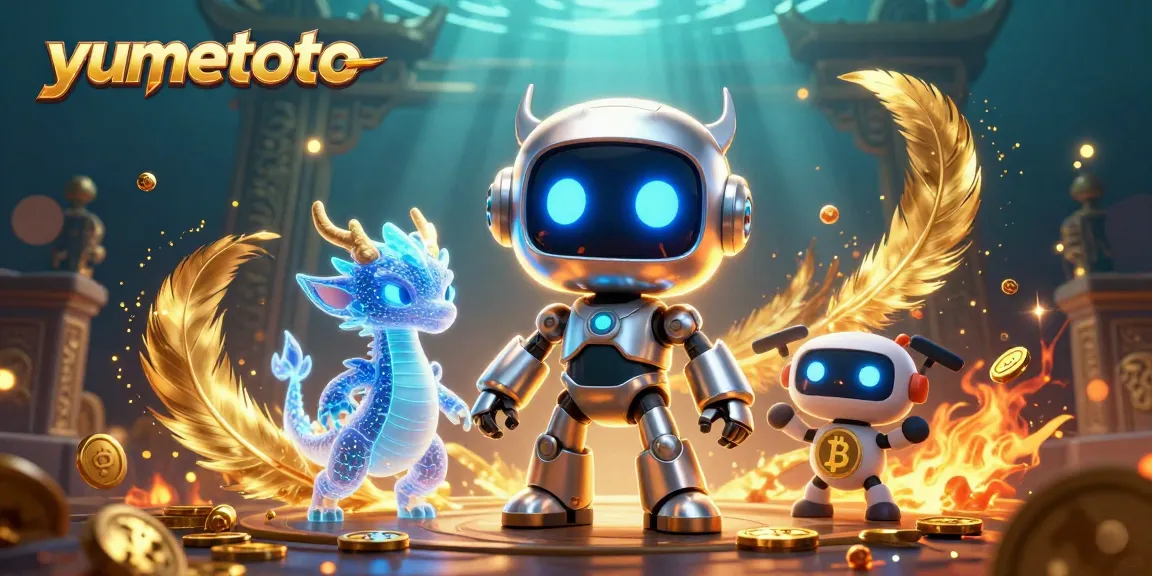 Experience thrilling action at yumetoto with a vibrant scene of a cyberpunk robot and crypto-themed visuals.