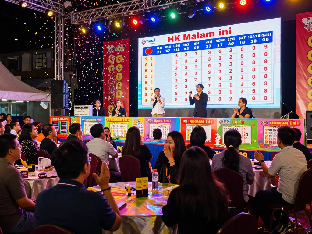Excited crowd at a Togel Hongkong event eagerly watching HK Malam Ini results on screen.