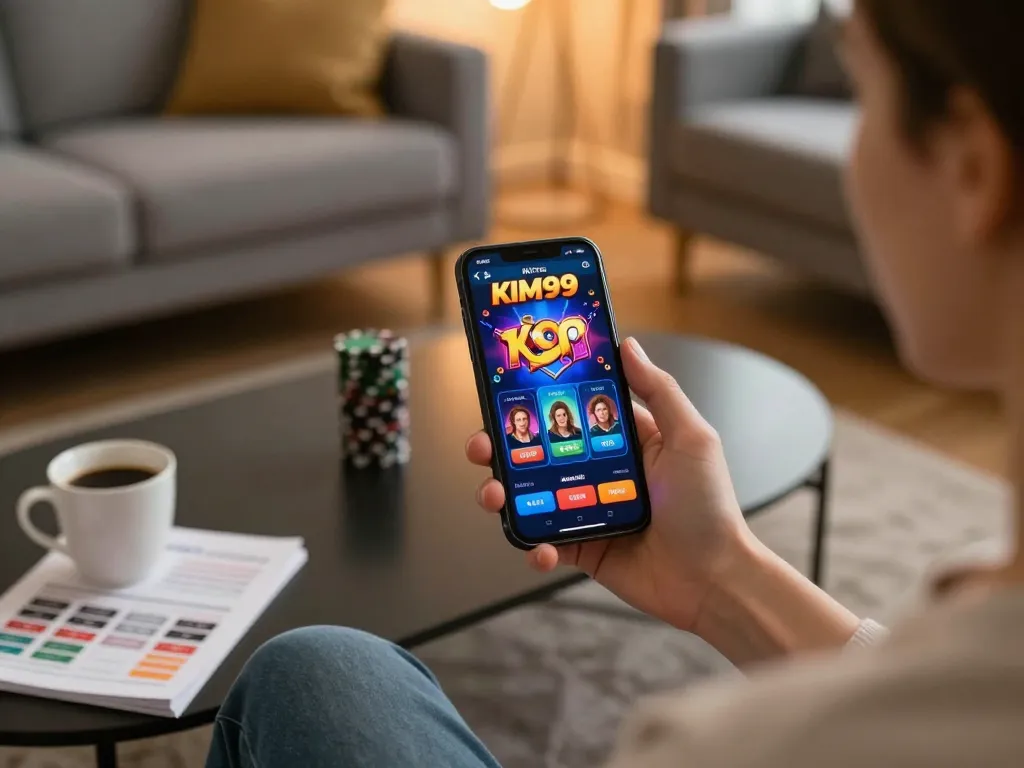 KIM99 player enjoying online casino gaming experience on smartphone in cozy home setting.
