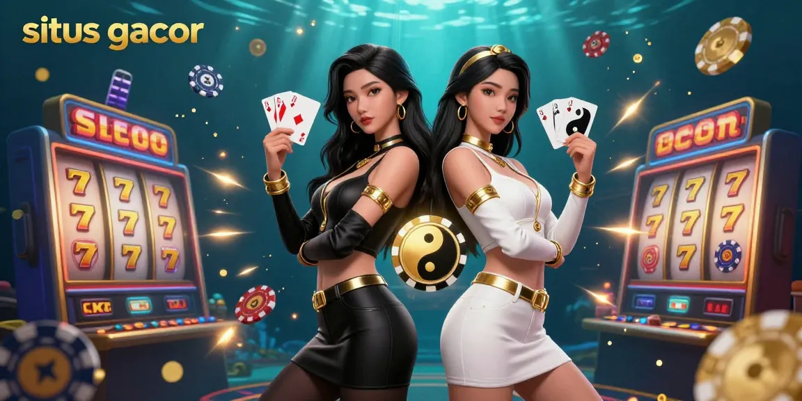 Experience the thrill on situs gacor with stunning twin Asian women in coordinated outfits holding playing cards in this dynamic casino illustration.